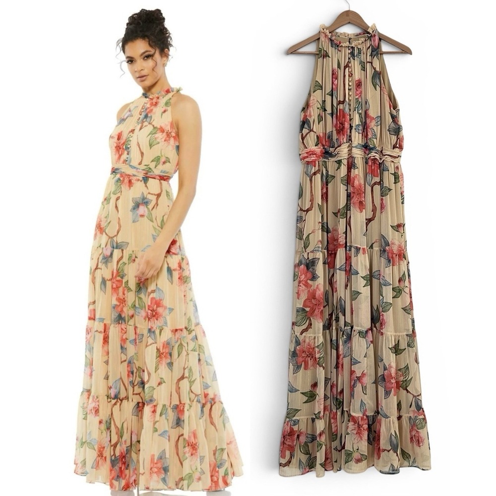 Ieena for Mac Duggal Women's 16 Beige Multicolor Floral Chiffon Maxi Tier Dress